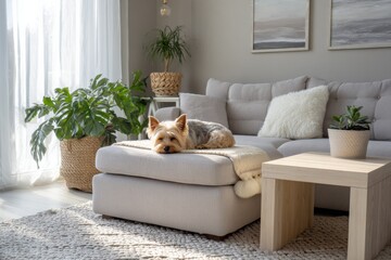Aufkleber - Bright and Cozy Living Room With a Pet Relaxing on the Couch in Soft Tones and Natural Light