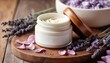 © Photo zone - A jar of face cream with a lid, standing on a rustic wooden table, surrounded by rose petals and dried lavender, soft morning light, macro shot. Advertising of cosmetic products, for banner, poster