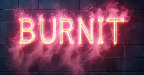 Fototapete - Bright neon sign spells BURNIT. Pink smoke surrounds glowing letters against dark brick wall. Dramatic lighting creates intense mood.