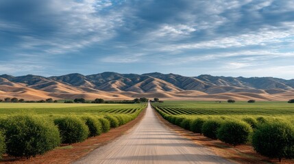 Aufkleber - Vast orchards flourish under a clear sky, while a dirt road stretches through vibrant greenery, leading to gentle hills in the background. The atmosphere is calm and inviting