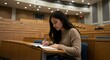 © velikiyzayats - Young female student diligently writing notes in an empty university lecture hall. Focused woman studying for an exam in a large classroom. Higher education and learning concept.
