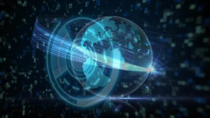 Poster - 3D globe with rings rotating while ring materializing data beam wrapping it, visualizing data flow