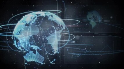 Poster - After rotating dotted globe eastward, glowing lines tracing data paths showing global connectivity