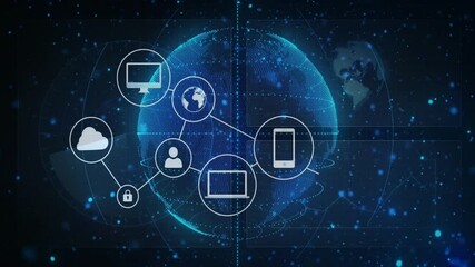 Poster - Dark starry sky showing dotted globe rising security and device icons fading linking secure network