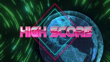 Poster - Neon green streaks converging rotating 3D globe sliding HIGH SCORE text pulsing diamond for reveal