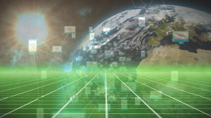 Poster - first frame starting grid spanning edge rising blocks screens linking forming network around Earth
