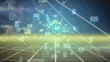 Poster - Yellow beam emerging on grid causing squares drifting in, linking panels forming digital network