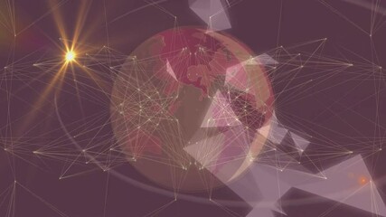 Poster - Starburst flickering wireframe globe rotating, pink continents pulsing, shards and rings looping