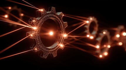 Poster - Futuristic gears with glowing lines representing technology, industry, and innovation in a dark environment.