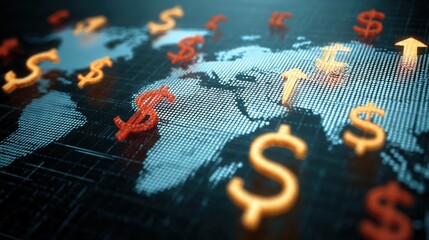 Poster - Interactive world map displaying financial trends and currency symbols illuminating the global economy.