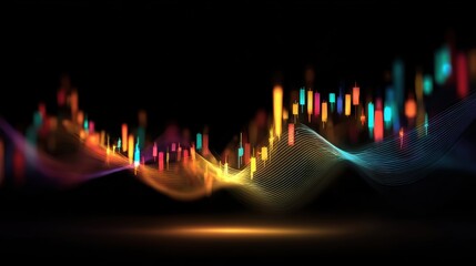 Fototapete - Vibrant digital abstract representing data trends with colorful waves and lights on a dark background.