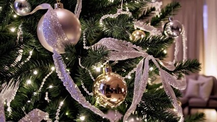 Poster - Luxurious Christmas tree with gold and silver ornaments, sparkling ribbon, glowing lights, festive mood, and elegant modern