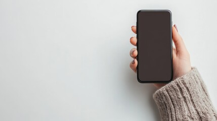 Poster - A close-up of a hand holding a modern smartphone on a light background, ideal for technology and communication themes.