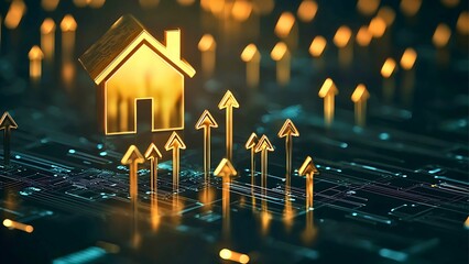 Poster - Golden house icon surrounded by rising arrow, representing growth and prosperity in the real estate market. The abstract scene symbolizes the positive trend of property value