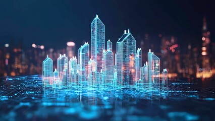 Poster - A futuristic digital city with glowing lines and an advanced urban landscape at night