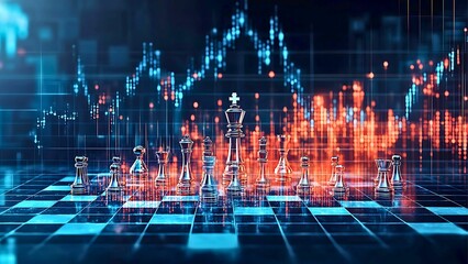 Poster - Chess pieces on a chessboard are superimposed with data, symbolizing strategic planning and financial analysis
