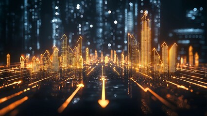 Poster - Futuristic city with glowing arrows symbolizing growth and progress. The image depicts a vibrant cityscape with dynamic orange arrows pointing upward.