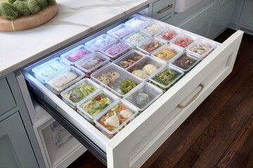 Poster - Organized 3D Freezer Drawer With Neatly Arranged Sliding Trays Filled With Assorted Meals in a Bright Kitchen Setting