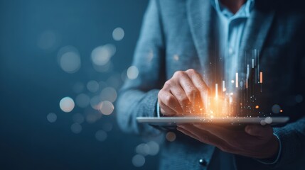 Poster - A professional analyzing data on a tablet, showcasing financial growth with dynamic graphics and glowing elements.