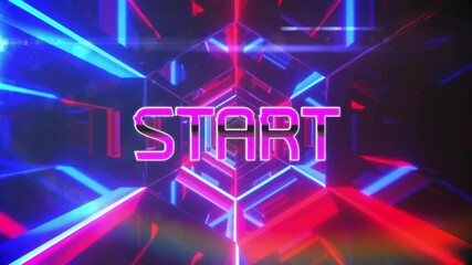 Poster - On loading neon hexagon tunnel rotating, pulsing while pink START text fading for interactive intro