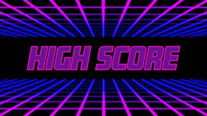 Poster - Neon grid standing by before blurred 3D text sliding in, resolving into bold HIGH SCORE display