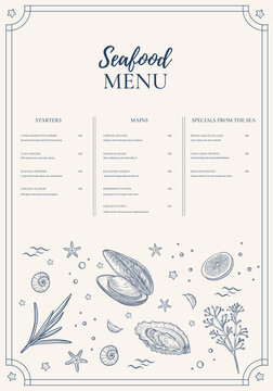 Vector menu cover, line art illustration, seafood, graphic sea food, style of old engraving, vintage, realistic Fish. Sea shell. Great for menu designs, food branding, summer designs