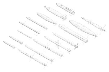 Poster - A series of rocket designs are shown in a line, with the first rocket being the shortest and the last rocket being the tallest. Isometric view