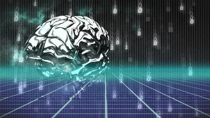 Poster - At start metallic brain model rotating with falling binary digits over grid demonstrating data flow