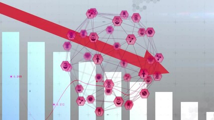 Poster - Bars animating in grid, nodes fading and linking, arrow slicing down and pulsing, showing decline