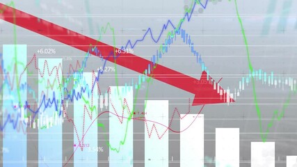 Poster - Red arrow sweeping down starting trend lines moving over falling bars indicating market dip rebound