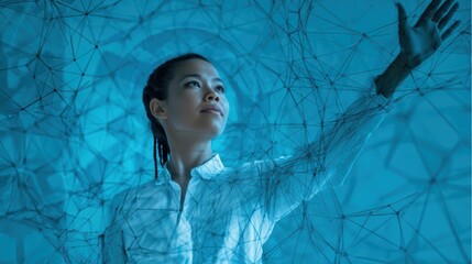 Poster - A woman interacting with digital technology, symbolizing innovation and futuristic concepts in a blue setting.
