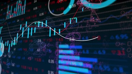 Poster - Market chart visualizing white or red curves drifting bars rising purple diagrams fading flare pulsi
