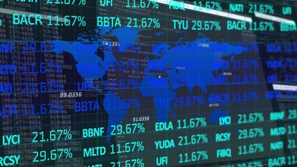 Poster - Opening on transparent screen displaying world map with tickers updating visualizing market trends