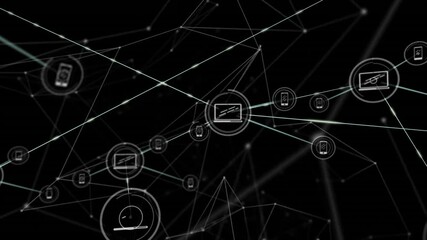 Poster - Single circular node appearing triggers phone, laptop icons branching into intricate digital web