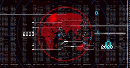 Poster - On grid launch, red 3D globe rotating clockwise while timeline labels updating to visualize data