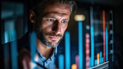 Poster - Focused businessman analyzing data trends on a digital screen with graphs and charts, showcasing modern analytics.