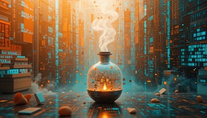 a futuristic, digital laboratory scene with a glowing alchemy flask.