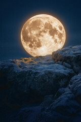 Wall Mural - full moon glowing in the dark night sky, a scenic landscape with rocks and mountains, dramatic, sere
