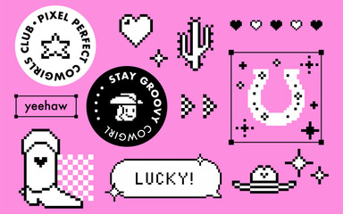 Fototapete - Y2k inspired cute cowboy and cowgirl icon in pixel art design on pink background. Cowboy hat, boots, lucky horseshoe icon, cactus and speech bubble. 8bit modern western glam vector collage sticker set