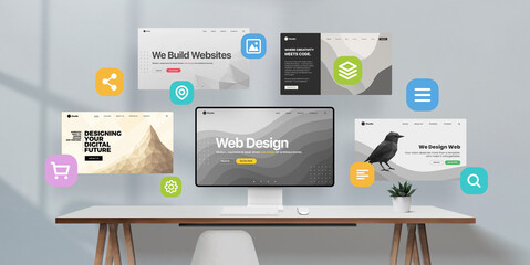 Aufkleber - Creative web design scene with desktop screen, multiple site layouts in air, and essential UI icons – perfect for presenting user experience, layout features, and design system elements.