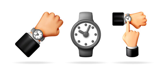 Poster - Business man hand with wrist watch and a close up of a watch, 3d vector collection. Time management, deadline concept.