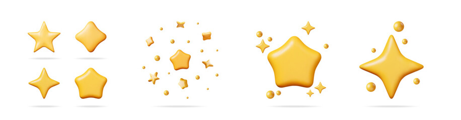 Poster - Set of 3d gold render shiny rating star icons. Abstract different star shapes and bubbles with shimmer effect. Isolated element for quality mark.