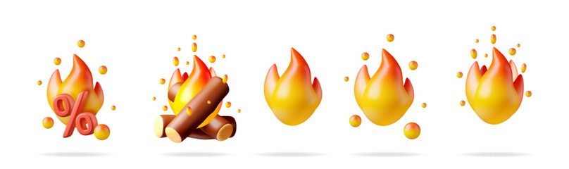 Poster - Set of 3d stylized flames with percent sign and bonfire. Promotion marketing campaign hot deal. Trendy graphic elements.