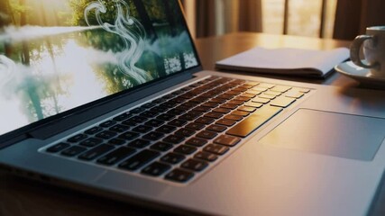 Poster - Cozy workspace with laptop, notebook, coffee cup, and pen on wooden desk in sunlight, creating warm and inviting atmosphere