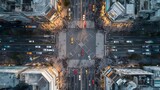 Aerial View of Busy City Intersection with Pedestrians and Traffic