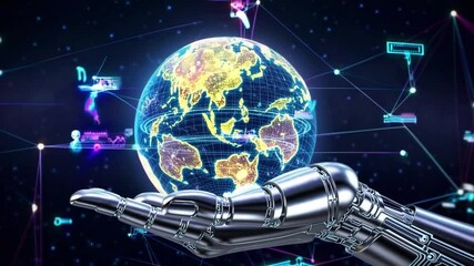 Aufkleber - Futuristic robotic hand holding glowing digital earth, global network and technology, cybernetic artificial intelligence