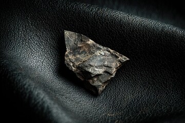 Poster - Natural stone placed on black leather surface showcasing texture and color contrasts in an artistic arrangement