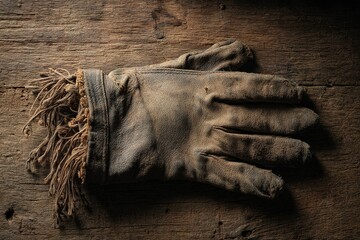 Poster - Worn leather work glove resting on a rustic wooden surface, showcasing its frayed edges and aged texture under soft light