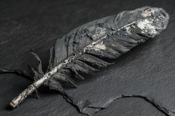 Poster - Unique black feather with texture and details set on dark surface