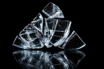 Poster - Shattered glass pieces reflecting light on a dark surface create an artistic display of broken fragments